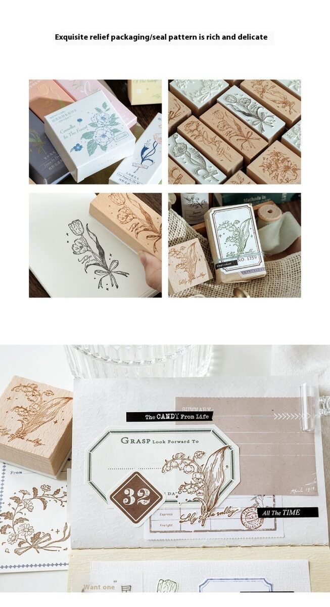 Fresh And Retro Flower Wooden Stamp Artistic Flower Notebook Diy Decorative Material Wooden Seal