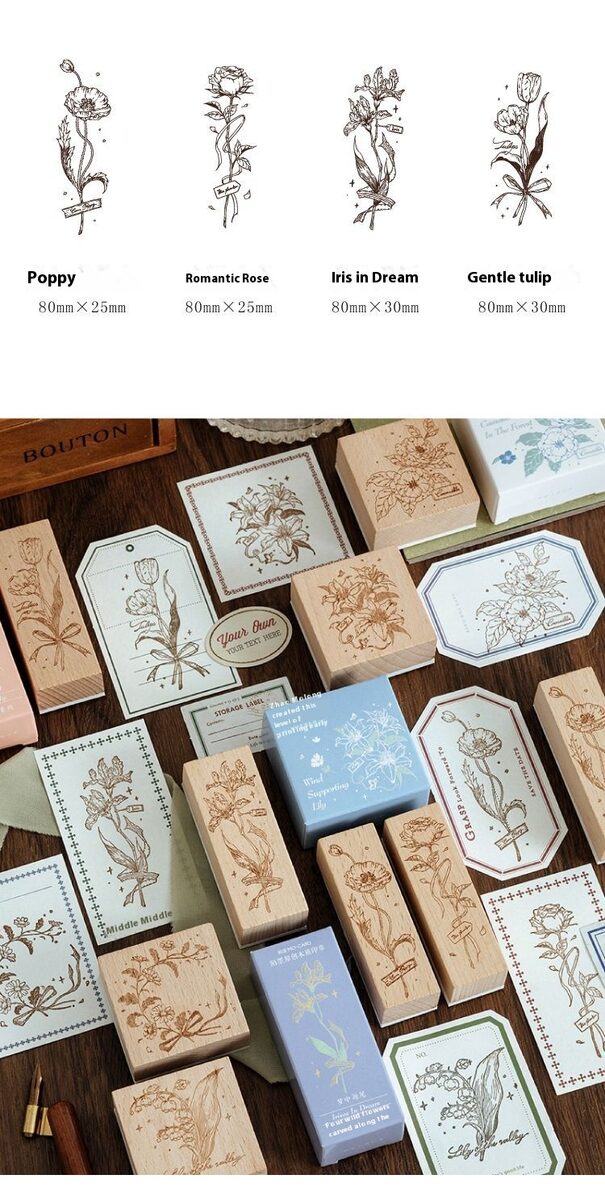 Fresh And Retro Flower Wooden Stamp Artistic Flower Notebook Diy Decorative Material Wooden Seal