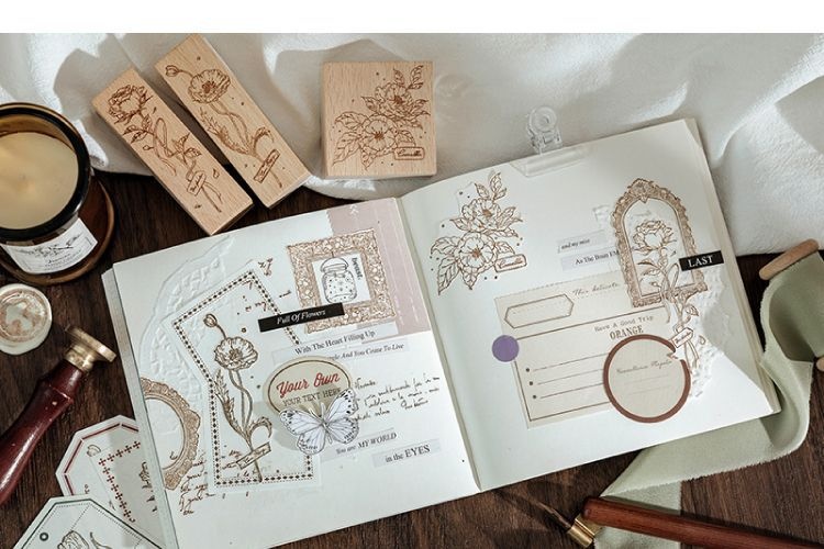 Fresh And Retro Flower Wooden Stamp Artistic Flower Notebook Diy Decorative Material Wooden Seal