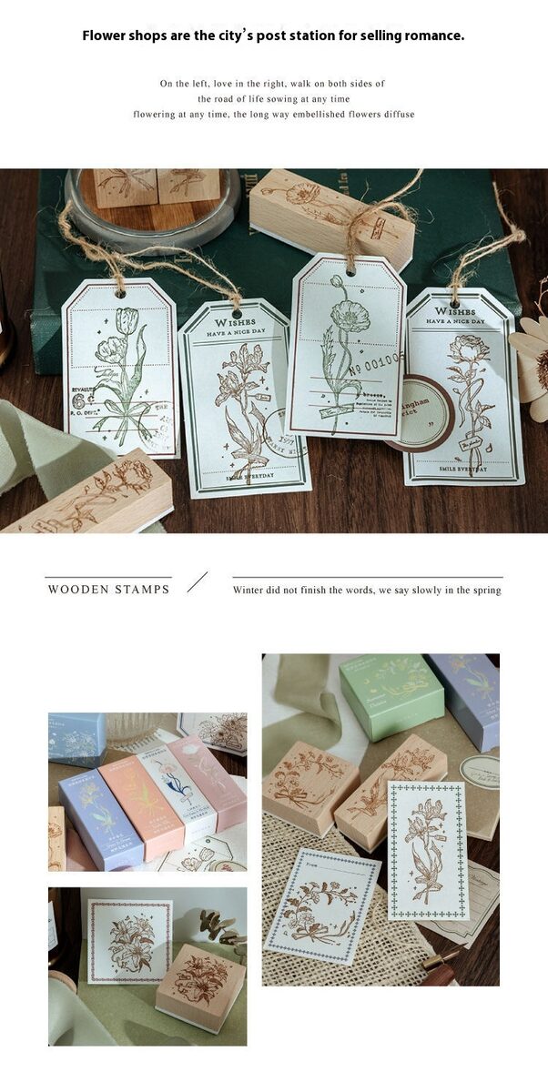 Fresh And Retro Flower Wooden Stamp Artistic Flower Notebook Diy Decorative Material Wooden Seal