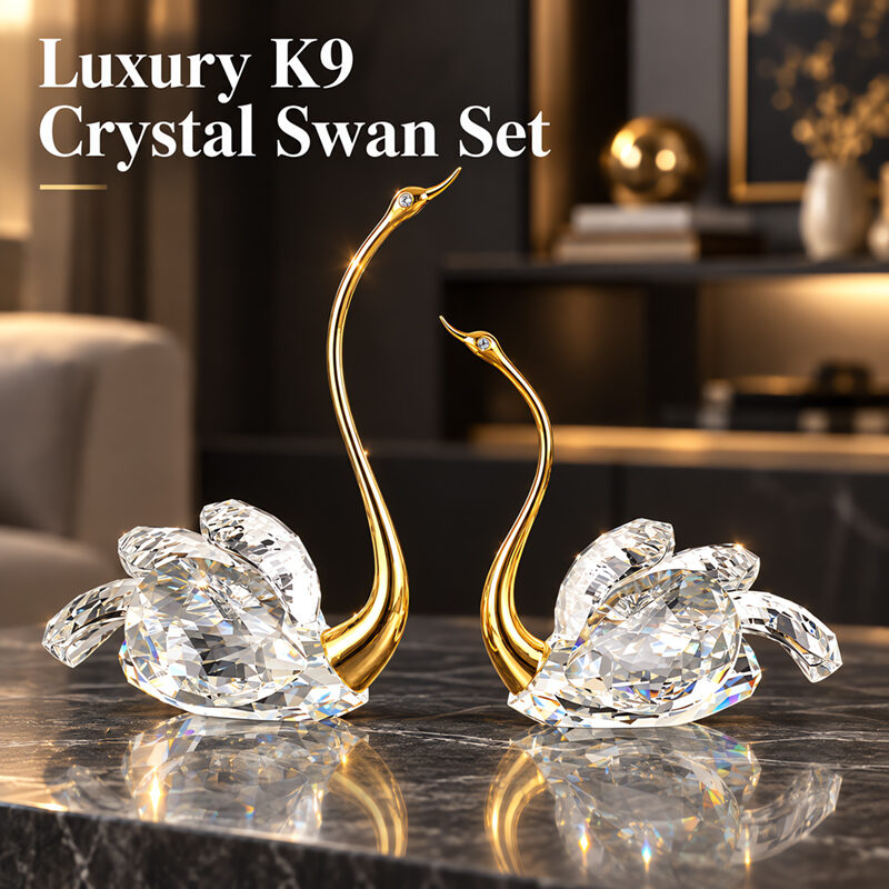 2 Pcs Clear K9 Crystal Swan Figurines With Gold Neck, Hand Cut Faceted Sparkling Ornament, Luxury Home Wedding Decor Romantic Gift